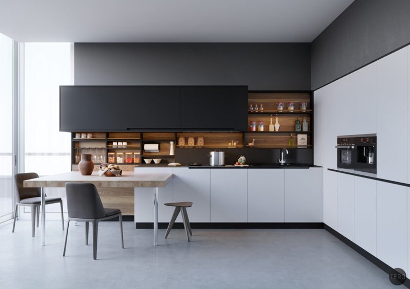 Nội thất nhà bếp đẹp với tông màu trắng đen 3